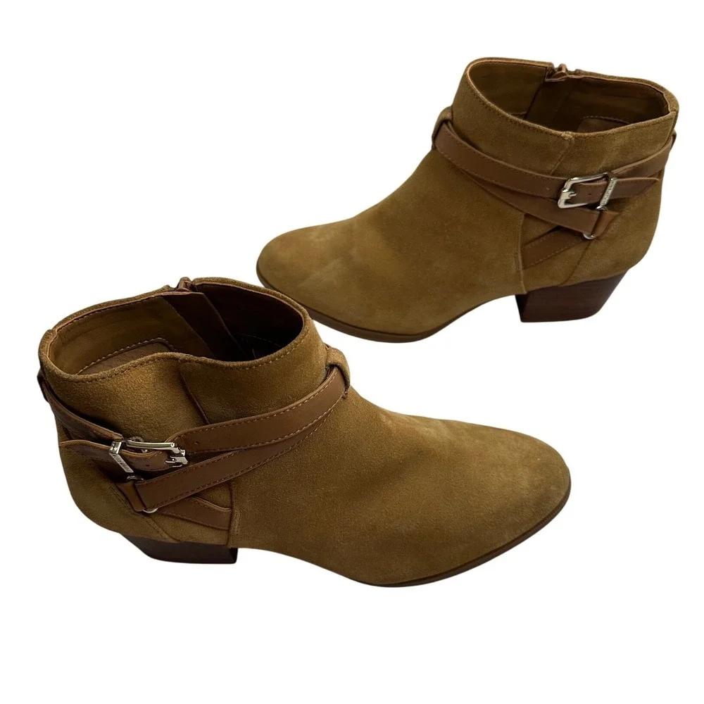 Alex Marie Womens Tan Suede Ankle Boots Buckle Strap Pointed Toe Block Heel 8.5M